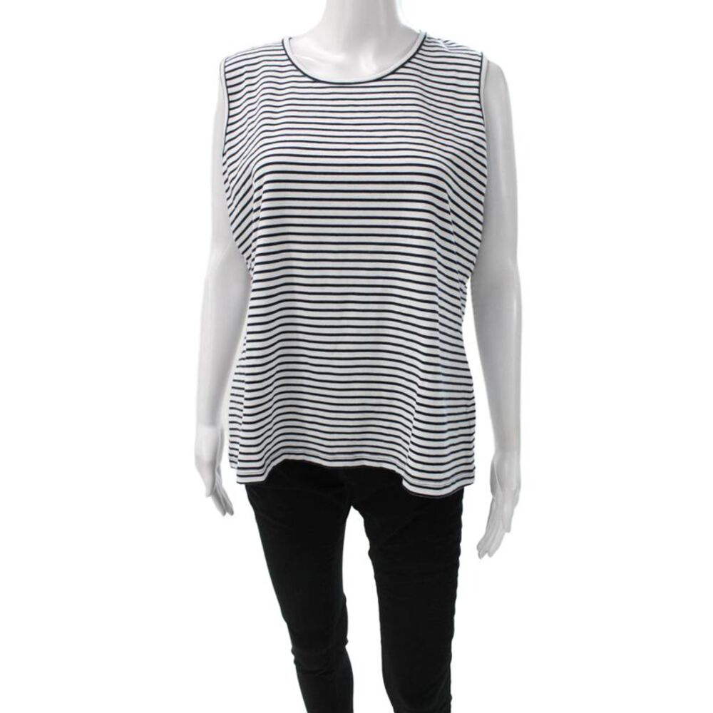 ELI Womens Basic Striped Cotton Tank Sleeveless Round Neck White Size L